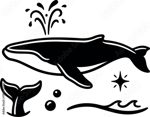 Minimalist black and white whale with water splash and tail fin simple sea ocean aquatic design vector art