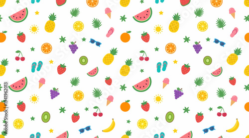 Seamless colorful summer fruit pattern with playful tropical slices.