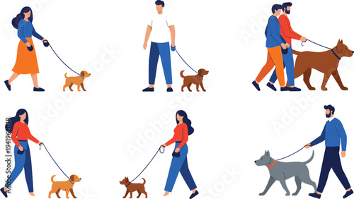 People walking dogs collection with different breeds and owners, pet care and outdoor activity concept showing men and women walking their dogs illustration