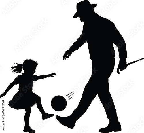 Silhouette of a grandfather and granddaughter playing soccer together with a cane and a ball