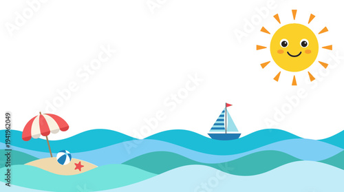Cheerful seaside illustration with sailboat umbrella and sun.