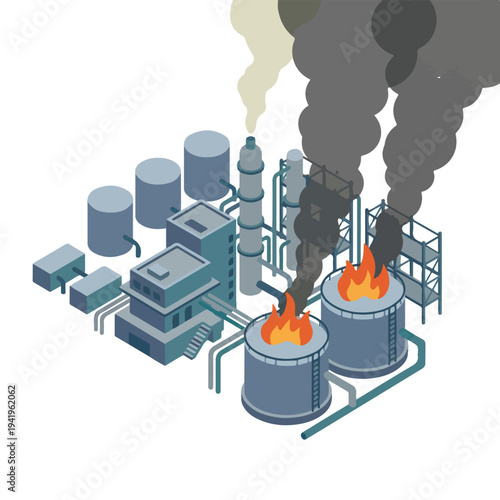isometric vector flat oil refinery area explodes and burns 0014