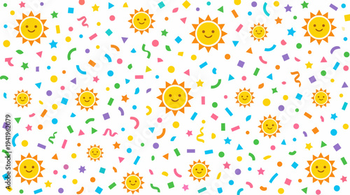 Seamless cheerful smiling sun pattern with colorful confetti and playful icons.