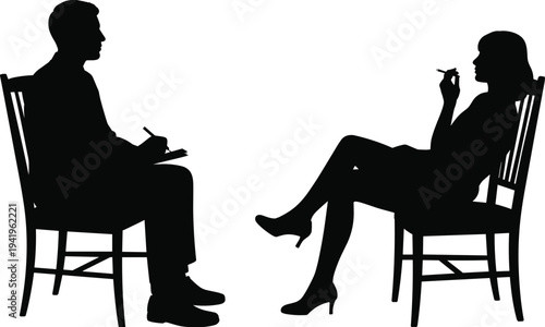 Silhouette of a man and woman sitting in chairs during a conversation with the woman smoking a cigarette