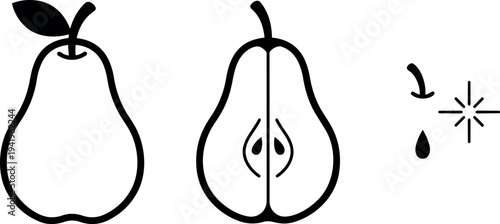 Black and white minimalist line art vector pear whole half cut pear seeds and leaf design