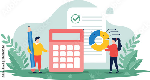 Business accounting and financial analysis concept with calculator, documents and charts, people managing budget, taxes and data reporting illustration