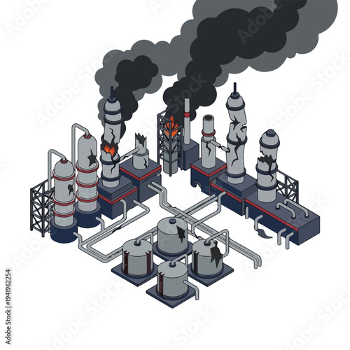 isometric vector flat oil refinery area explodes and burns 0011