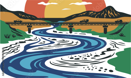 Braided river landscape flowing through mountain valley. Vector illustration of braided river channels flowing through wide valley landscape representing natural river flow and freshwater ecosystem.