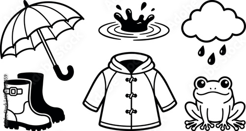 Black and white vector line art of rainy weather umbrella waterproof boots raincoat splash frog and cloud with raindrops icons