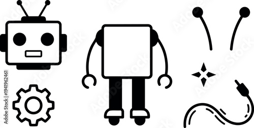 Minimalist black and white robot icon set with separate head body antennas and gear parts in flat design style
