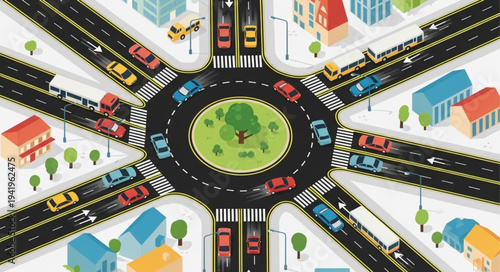Aerial View of a Busy Traffic Roundabout in a City.