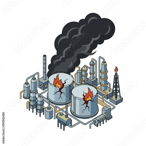 isometric vector flat oil refinery area explodes and burns 006