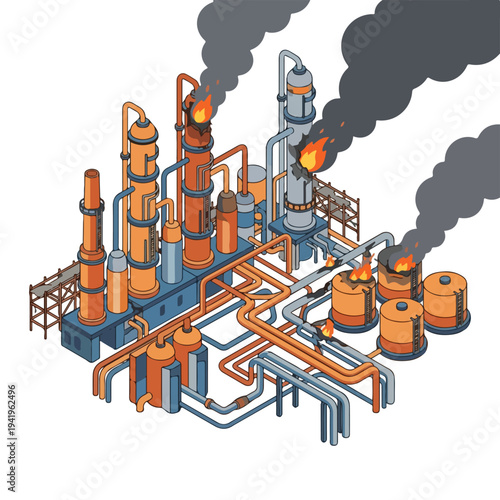 isometric vector flat oil refinery area explodes and burns 004
