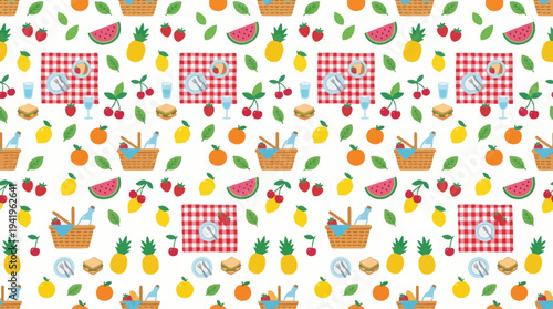 Seamless colorful picnic pattern with fruits baskets and gingham blankets.