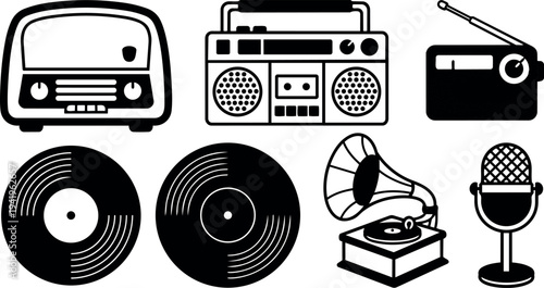 Black and white vector art of vintage radio cassette player vinyl records gramophone microphone isolated icons set