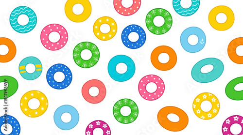 Colorful scattered donut rings with sprinkles pattern background.
