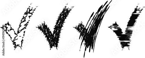 Four artistic black check marks abstract brushstroke and grunge marks on white background
