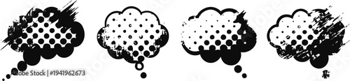 set of grunge speech bubbles with halftone dots and rough edges