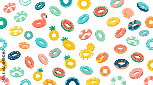 Bright colorful summer pattern of assorted inflatable pool rings and icons.