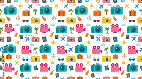 Seamless colorful media icons pattern with cameras and film reels.