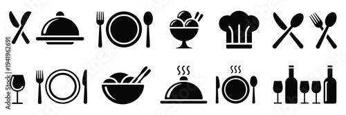 Food Icons Set Vector Illustration, Plate with Fork, Knife, and Spoon Symbols, Restaurant Menu Logotype, Cutlery and Tableware Signs for Catering Services, Dining, Cafe, and Food Industry Design