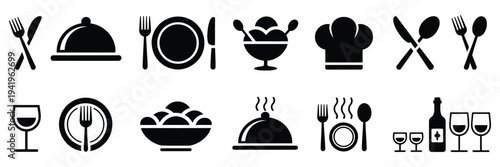 Food Icons Set Vector Illustration, Plate with Fork, Knife, and Spoon Symbols, Restaurant Menu Logotype, Cutlery and Tableware Signs for Catering Services, Dining, Cafe, and Food Industry Design