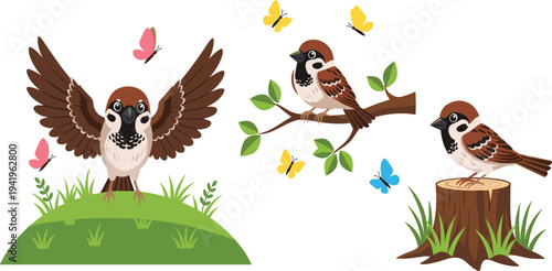 Cute sparrow bird cartoon set with butterflies green grass tree branch and tree stump flat vector illustration collection