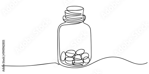 Amber glass bottle with pills continuous one line drawing, line art drawing vector illustration of drugs, medicaments, nutritional supplements from bottle, Bottle with scattered pills, tablets, capsul
