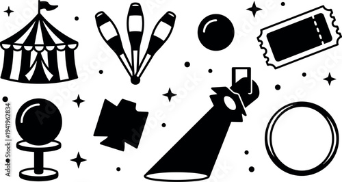 Black and white vector art of circus tent juggling pins magician hat magic ball ticket and ring isolated set