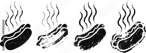 Four black silhouette grilled sausages with steam rising, bbq, picnic food illustration