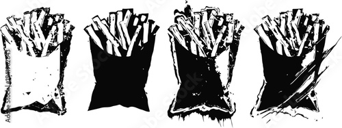 Set of black and white french fries illustrations showing different shading and bag styles