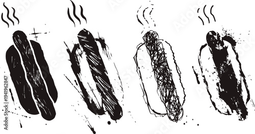 four hot dogs with steam rising in abstract black and white grunge illustration