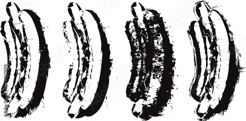 Bacon strips illustration set four black and white sketches of cooked bacon with crispy texture and fat layers