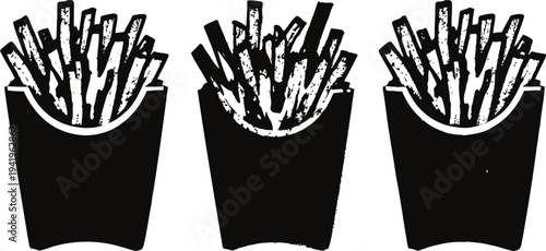 Three black silhouette illustrations of french fries in containers on white background