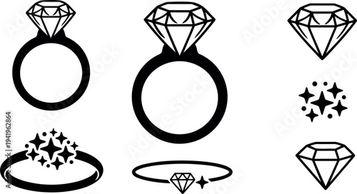Minimalist black diamond ring vector icons set sparkling gem outline engagement wedding jewelry flat design decorative collection
