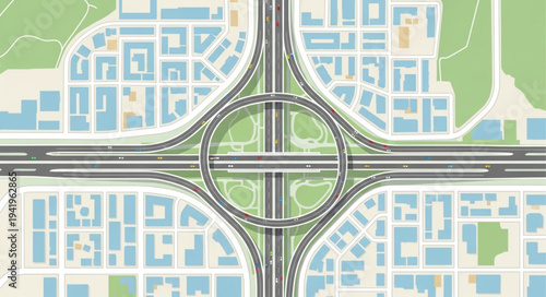Aerial View of a Cloverleaf Interchange with Urban Surroundings.