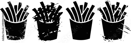 Four black silhouette fast food french fries containers in different styles and shapes vector illustration