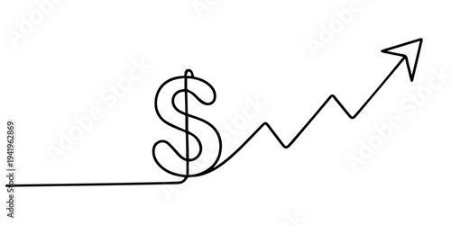 Continuous one line drawing of business growth icon with dollar sign vector illustration, Rising chart with dollar sign and arrow in one line art style. Chart drawing with editable black stroke on pro