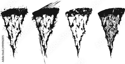 Four grunge black pizza slice silhouettes with textured distressed design elements
