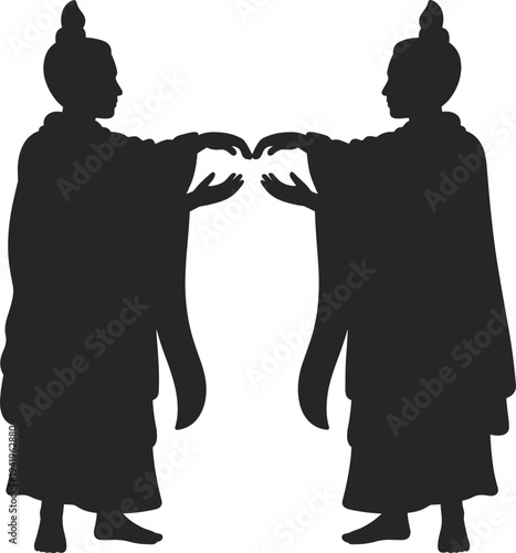 Two silhouetted figures in traditional robes with hands outstretched towards each other in a gesture of connection or greeting