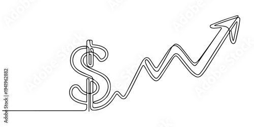 Continuous one line drawing of business growth icon with dollar sign vector illustration, Rising chart with dollar sign and arrow in one line art style. Chart drawing with editable black stroke on pro
