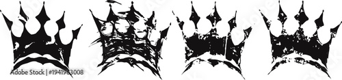 grunge black crown silhouette set with distressed texture isolated on white background