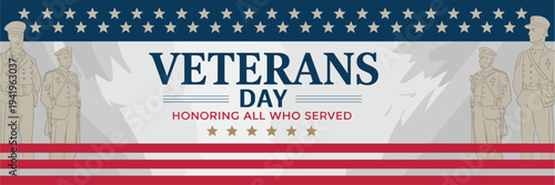 Veterans Day banner with US flag honoring military service members with stars and stripes and patriotic text