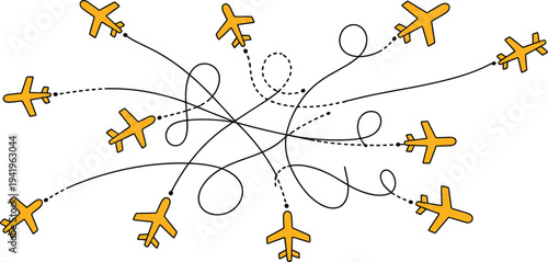 Whimsical cartoon airplanes with dashed and solid flight paths create a playful and chaotic aerial navigation scene