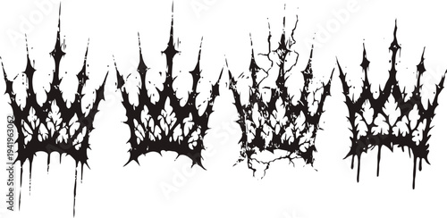 grunge black crown silhouettes set with distressed, cracked, and splattered effects on white background