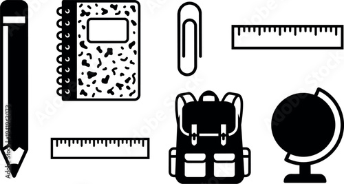 Minimalist black and white vector icons of pencil notebook paperclip ruler backpack and globe school office supplies collection