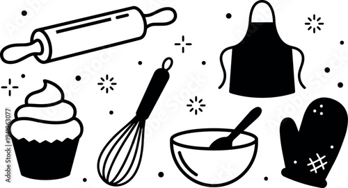 Black and white vector art baking utensils rolling pin whisk bowl spoon apron oven mitt cupcake with frosting isolated icons collection