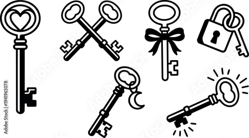 Collection of black and white vintage romantic keys with heart moon bow lock and glowing effect isolated on white background