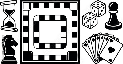Black and white vector art of classic board game pieces dice cards chess pawn knight hourglass in minimalist flat design style