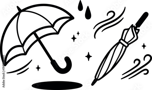 Black line art vector illustration of open and closed umbrellas with raindrops and wind gusts simple weather icons